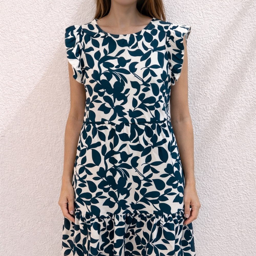 Sleeveless White and Teal Leaf-Print Dress